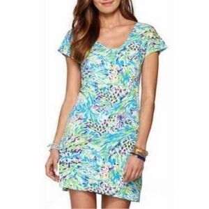 Lilly Pulitzer Daniella Dress Large Blue Green Sea Soiree Cotton V-Neck Short L